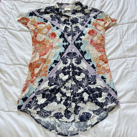 Anthropologie Dresses & Skirts - Maeve Anthropologie Hibiscus Bloom Shirtdress Womens Small Buttons Floral Blue